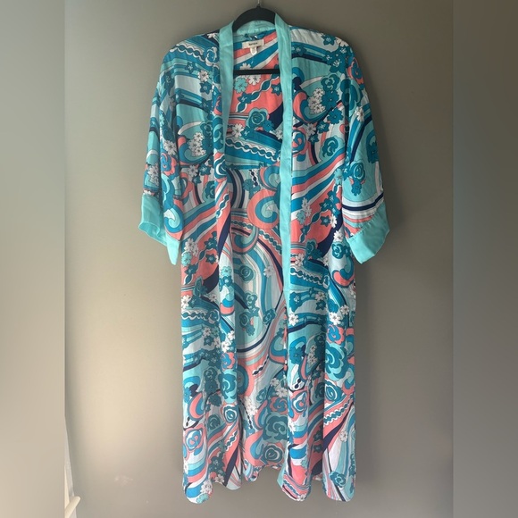 Kensie size S/MVibrant Multicolor Kimono Robe/ Swim Cover up, short sleeve, long - Picture 2 of 7